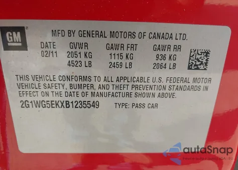 2011 Chevrolet Impala Lt z USA, uszkodzony, nr VIN 2G1WG5EKXB1235549